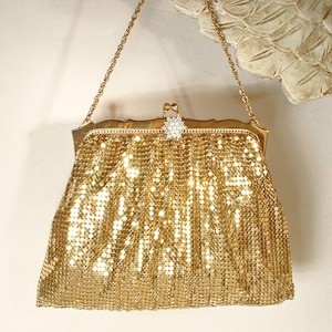 Bolso estilo flapper con diamantes de imitación y malla dorada de Whiting & Davis, estilo Art Deco vintage de los años 20 para bodas, bolsos de mano estilo Gatsby de los años 40