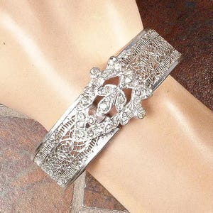Antique 1920s Filigree Rhinestone Bracelet,Art Deco Silver Rhodium Buckle WIDE Hinged Bangle,1930s Vintage Wedding/Bridal Cuff JJ WHITE Gift