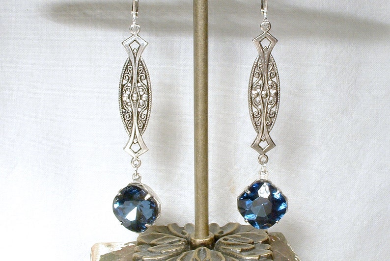 Art Nouveau/Deco Sapphire Earrings, 1920s Navy Blue Rhinestone Long Dangle Earrings, Antique Silver Vintage Bride Bridesmaid Gatsby Wedding image 1