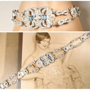 Vintage Art Deco Sapphire Rhinestone Bracelet, 1940s Silver Navy Link, 1920s Bridal/Wedding Something Blue Old Gatsby Antique Gift PRISTINE