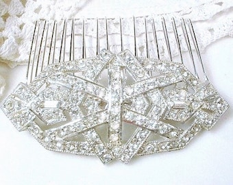 Antique 1930s Hair Comb OR Wedding Dress Sash Brooch, Vintage Art Deco Bridal Headpiece,Pave Rhinestone Flapper Gatsby Hair Piece 1920s