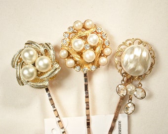 1 Something Old Vintage Hair Pin,Gold Ivory Pearl & Rhinestone Bridal/Bridesmaid Bobby Pins Wedding Shower Gift Jeweled Hairpins Clip Slides