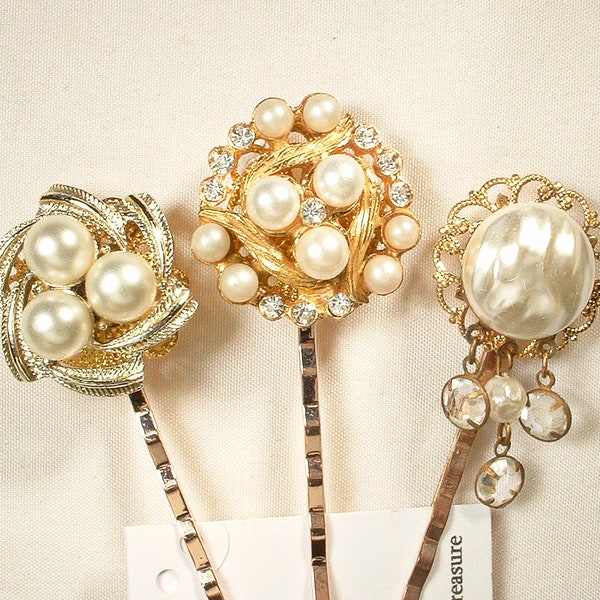 1 Something Old Vintage Hair Pin,Gold Ivory Pearl & Rhinestone Bridal/Bridesmaid Bobby Pins Wedding Shower Gift Jeweled Hairpins Clip Slides