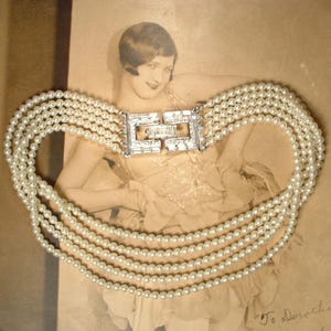 Vintage TRIFARI Glass Pearl Choker Necklace, 1940s Bridal Art Deco Multi 5 Strand Ivory/Crystal Rhinestone 1920s Wedding Jewelry RARE Signed