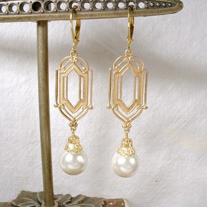 1920s Art Deco Ivory Pearl Dangle Earrings, Long Gold Bridal Statement Drops, Downton Edwardian Vintage Wedding Gatsby Bridesmaid Jewelry