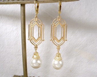 Boucles d'oreilles pendantes art déco perle ivoire des années 1920, longues gouttes de déclaration de mariée en or, bijoux de demoiselle d'honneur Gatsby de mariage vintage édouardien