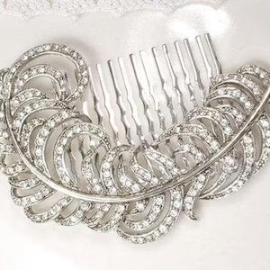 Vintage Art Deco KJL Feather Brooch Hair Comb,Rhinestone Headpiece,1920s Crystal Silver Plume Bridal,Downton Large Head Piece Hairpiece Gift