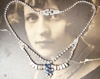 Vintage 1940s STeRLiNG SiLVeR SAPPHIRE Rhinestone Necklace,PHYLLIS Art Deco Bridal Gatsby 1920s Wedding Something Blue Navy Swag Choker Bib