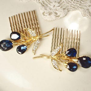 Gold Navy Blue Wedding Hair Comb, 1/PAIR Sapphire Rhinestone Bridal Headpiece Head Piece, Hairpiece, Small Vintage Something Blue Clip Gift
