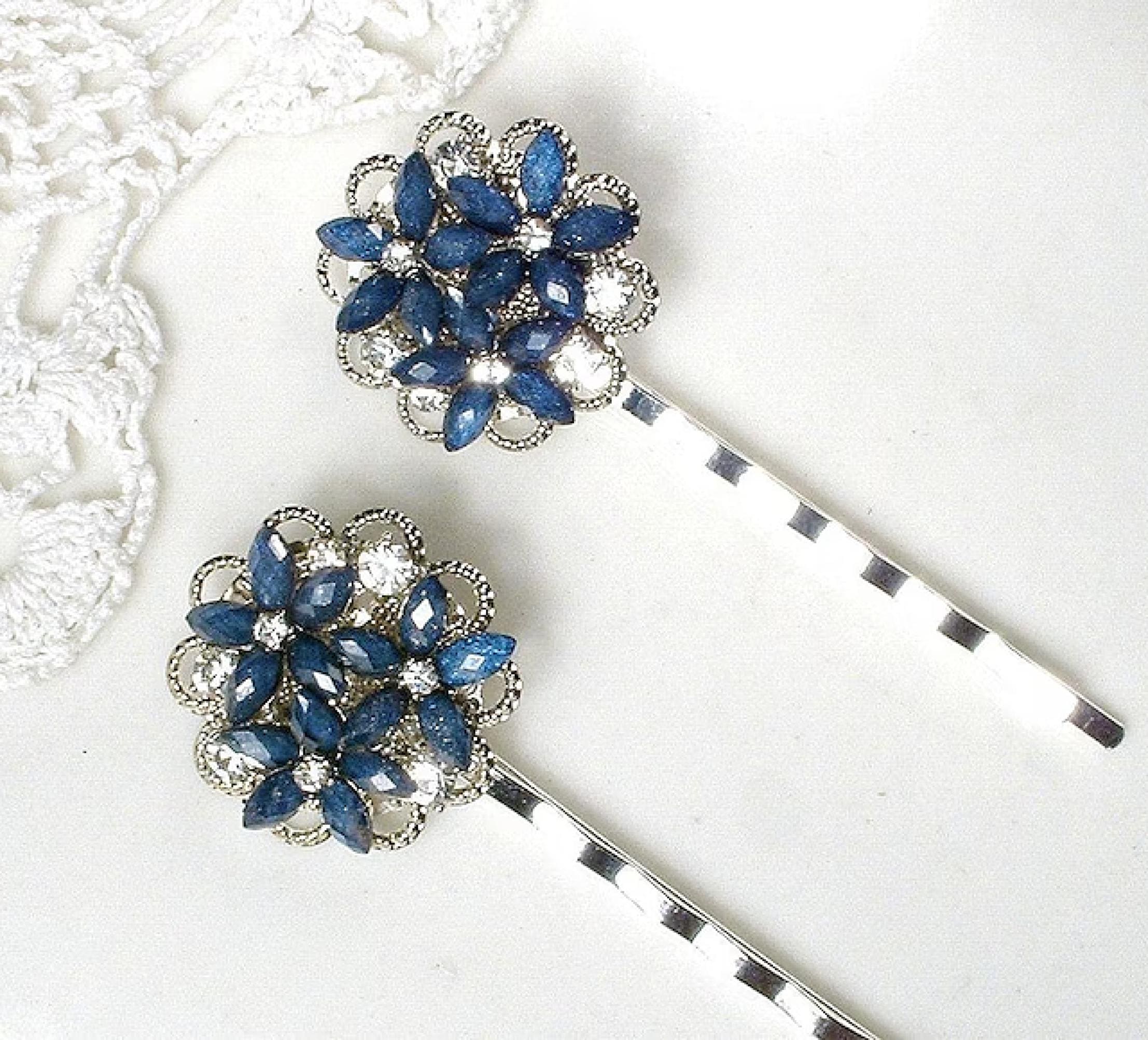Navy Sapphire Rhinestone Bridal Hair Pins, Silver Something Blue…