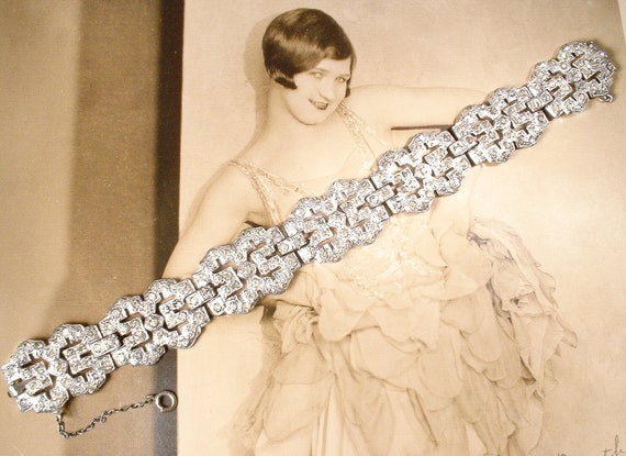 Antique 1920s Art Deco Bracelet, Clear Paste Rhin… - image 4