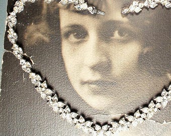 Vintage 1940s BOGOFF Rhinestone Necklace, Bridal Art Deco Old Hollywood Glam Crystal Flower Choker,Silver 1920s Wedding Something Old Floral
