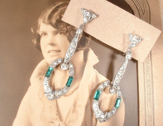 ANTIQUE Art Deco Emerald Earrings, Long Green Pave