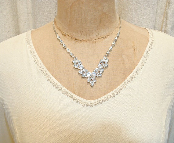 Vintage 1940s Art Deco Necklace, Silver Rhineston… - image 8