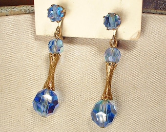 Antike Art Deco saphirblaue Kristallohrringe, tschechischer Glasfiligran baumeln, Vintage 1920s Hochzeit Clip auf Kornblume