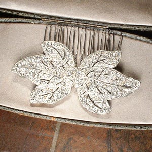 Peut inclure: Un peigne &agrave; cheveux argent&eacute; orn&eacute; d'un motif de feuille incrust&eacute; de strass &eacute;tincelants. Le peigne est dot&eacute; de fines dents argent&eacute;es. Cet accessoire est id&eacute;al pour les occasions sp&eacute;ciales. Les strass sont clairs.