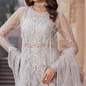 Grey Bridal lengha with intricate hand embroidery, luxury embellishments, velvet Ghera Patti,For wedding, mehndi, bridal, Free Shipment