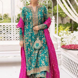 Bridal Lehenga Choli in Green and Pink – Hand Embroidered Wedding Dress Set