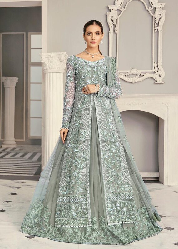 Bridal Lehenga Choli Silver Green Hand Embroidered Wedding Dress