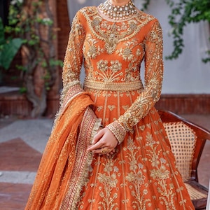Bridal Lehenga Choli in Orange Reddish – Hand Embroidered Net & Organza Design