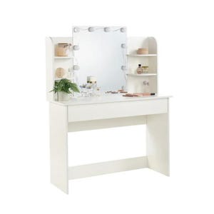 May include: White vanity table with a mirrored top and built-in shelves. The mirror has a row of lights around the perimeter. The table has a drawer and a shelf below the top.