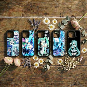 May include: Five black phone cases with anime-style illustrations featuring a character with long turquoise hair. The cases are arranged on a rustic wooden surface, surrounded by flowers and greenery. Each case has a unique design.