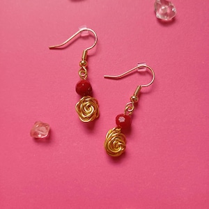 Gold Plated Handmade Wire Rose Drop Earrings