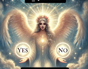 May include: An angel with white wings and a golden halo, holding two glowing circles with the words "YES" and "NO" written on them. The text "#3 Questions" and "Angel Messages" are also visible in the image.