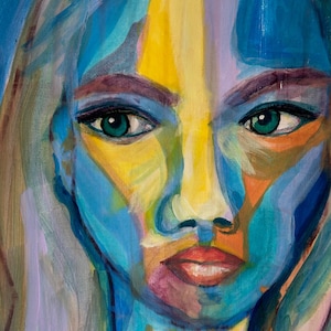 Original Colorful Woman Portrait Painting: Acrylic on Paper, 29.7x42cm