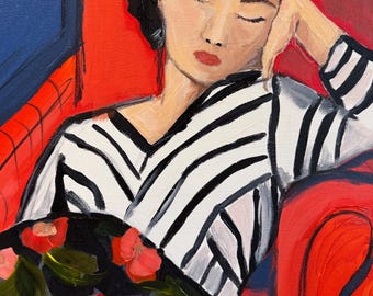 Red Chair Dreams - Original Painting acrylic on canvas, 14x11in figurative modern Art
