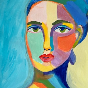 Original Colorful Woman Portrait Painting: Acrylics on Paper, 29.7x42 cm