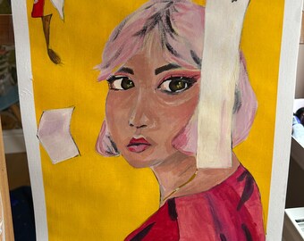 May include: A painting of a woman with pink hair, wearing a red shirt, against a yellow background. The woman is looking to the left of the frame. There are white paper shapes around her.