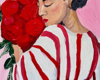 Carmen y Sus Rosas — Original Acrylic Painting on Canvas (14 x 11 in)