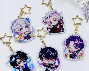 May include: Five colorful anime character keychains with gold star-shaped charms. Each keychain features a different character with a unique design and vibrant colors.