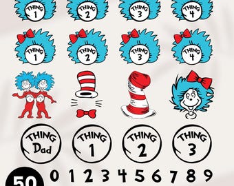 Thing 1 Thing 2 Svg Png-bundel van 50, Thing 1 en Thing 2 PNG, Cat in the Hat PNG Clipart, Thing Mom Dad Svg, Thing Clipart, familie tshirts