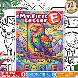 May include: A children's coloring book cover featuring the text "My First Letter E" and the word "EAGLE" beneath a colourful illustration of an eagle. The cover also includes the text "FOR KIDS AGES 5+" and "PRINT UNLIMITED COPIES!"