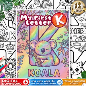 Pode incluir: Capa de livro de colorir infantil com o texto "My First Letter K". A letra K é projetada com um gradiente de arco-íris e apresenta um coala dormindo. A palavra "KOALA" está abaixo.