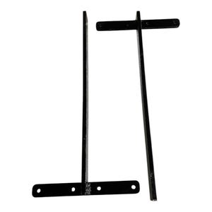 May include: Two black metal shelf brackets. One bracket is a vertical bar with a horizontal bar attached at the bottom with three holes. The other bracket is a vertical bar with a horizontal bar attached at the top.