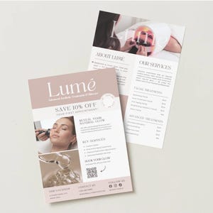 以下が含まれることがあります： Lumé Advanced Aesthetic Treatments & Servicesの2つのチラシ。チラシは薄いピンクと白で、テキストと画像が使われています。1つのチラシには「初回のご予約で10%オフ！」と「あなたの自然な輝きを明らかに」と書かれています。