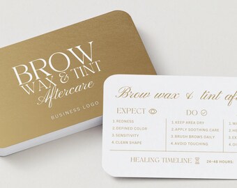 Tarjeta de cuidado posterior para depilación y tinte de cejas: Plantilla editable de instrucciones para el cliente, marketing tecnológico de salón de oro imprimible, negocios de belleza, Canva