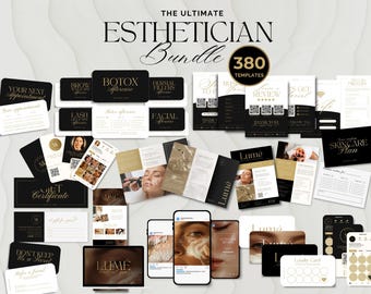 Könnte beinhalten: Ein Ästhetiker-Bundle mit 380 Vorlagen, darunter Visitenkarten, Hautpflegepläne und Social-Media-Grafiken. Das Design verfügt über schwarze und goldene Akzente mit dem Text "THE ULTIMATE ESTHETICIAN Bundle".