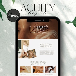 Peut inclure: Un smartphone affiche un modèle de spa avec le texte "ACUITY Template" et "LUME medical spa." L'écran présente des images de services d'esthéticienne, notamment des soins de la peau et des soins du visage. Le logo Canva est visible.