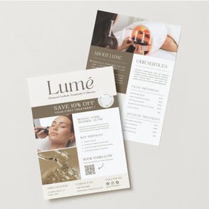May include: Two flyers for Lumé, an advanced aesthetic treatments and skincare service. The flyers feature images of facial treatments and include text such as "Save 10% off your first treatment" and "Reveal your natural glow."