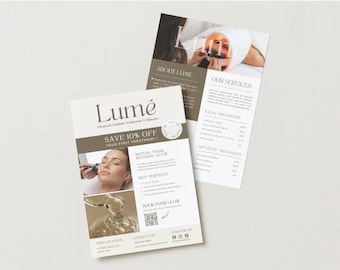 Luxury Promo Flyer Template: Minimal Brown 2 Page Leaflet Ad, Design for Medspa, Esthetician, Skincare, Hair, Beauty Brands, Canva Editable