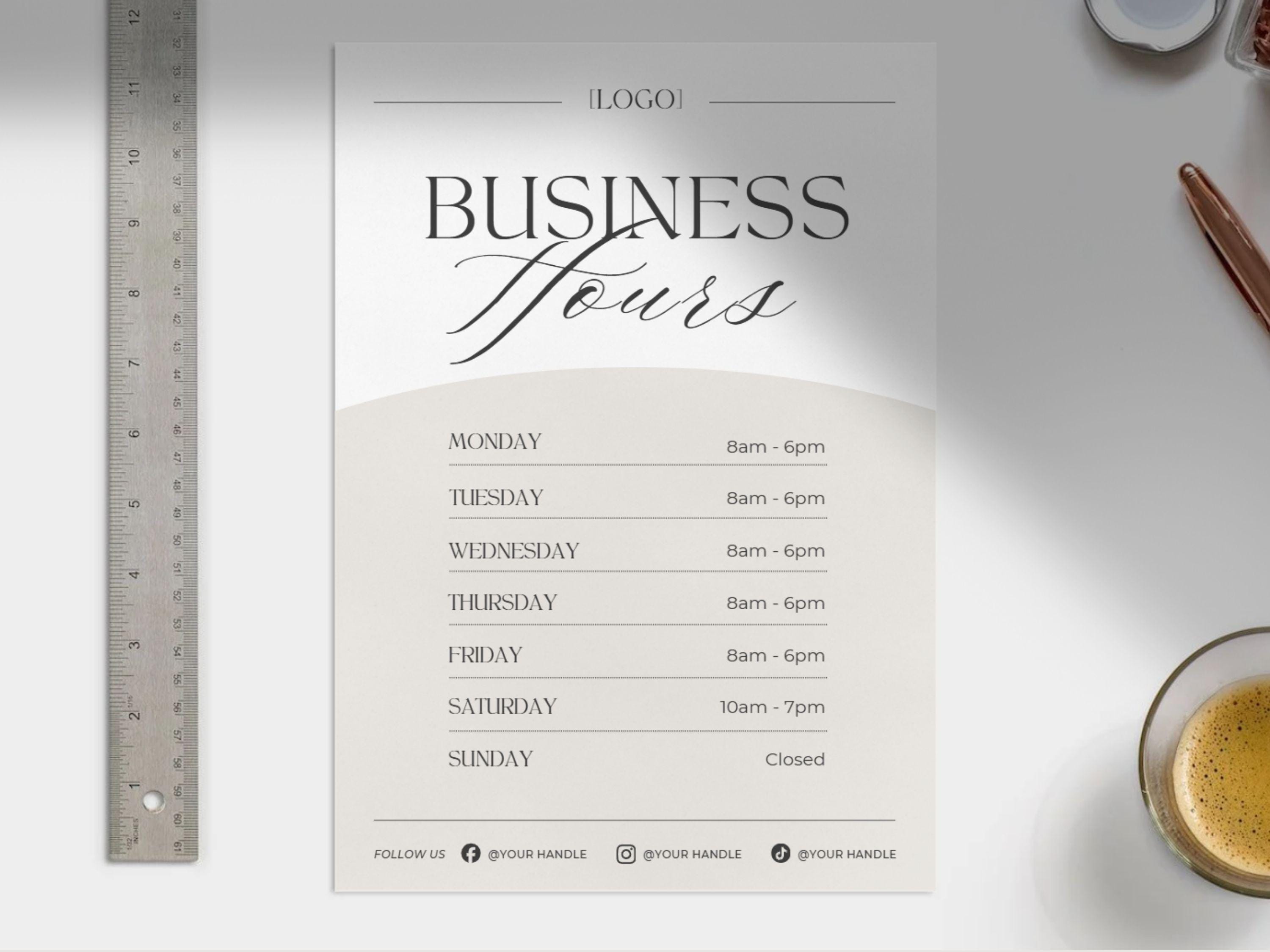 Receiving Hours Sign Editable Editable Business Hours Sign Template: Minimal Store Time Printable ...