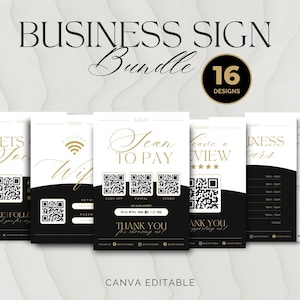 Könnte beinhalten: Ein Bundle mit 16 Geschäftsschild-Designs. Jedes Schild hat ein schwarz-weißes Design mit goldenen Akzenten und QR-Codes. Der Text enthält "Business Sign Bundle", "Lets Soc", "Scan to Pay" und "Leave a Review".