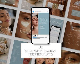 100 plantillas para publicaciones de Instagram sobre cuidado de la piel: esteticista, spa médico, dermatólogo (azul) (Canva editable)