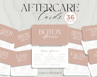 Beauty Aftercare Cards: 36 Care Instructions Pink Designs for Esthetician, Med Spa, Lash Brow Wax Hair Salon, Botox Nurse, Canva Editable