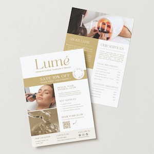 Pode incluir: Dois folhetos brancos com detalhes dourados e bege. Os folhetos promovem tratamentos estéticos "Lumé". Um folheto apresenta uma mulher recebendo um tratamento facial. O texto inclui "Save 10% Off" e "Reveal Your Natural Glow."