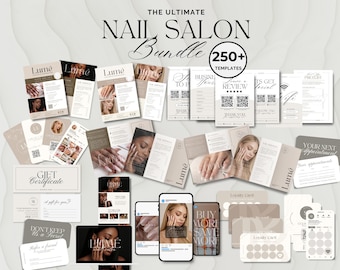 Nail Technician Branding Bundle, 250+ Editable Templates for Nail Salon, Manicure, Pedicure, Luxury Neutral Marketing Kit, Canva